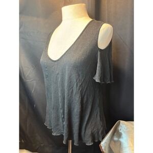 Free People Black Cold Shoulder V-Neck Flutter Sleeve Linen Blend Top Small
